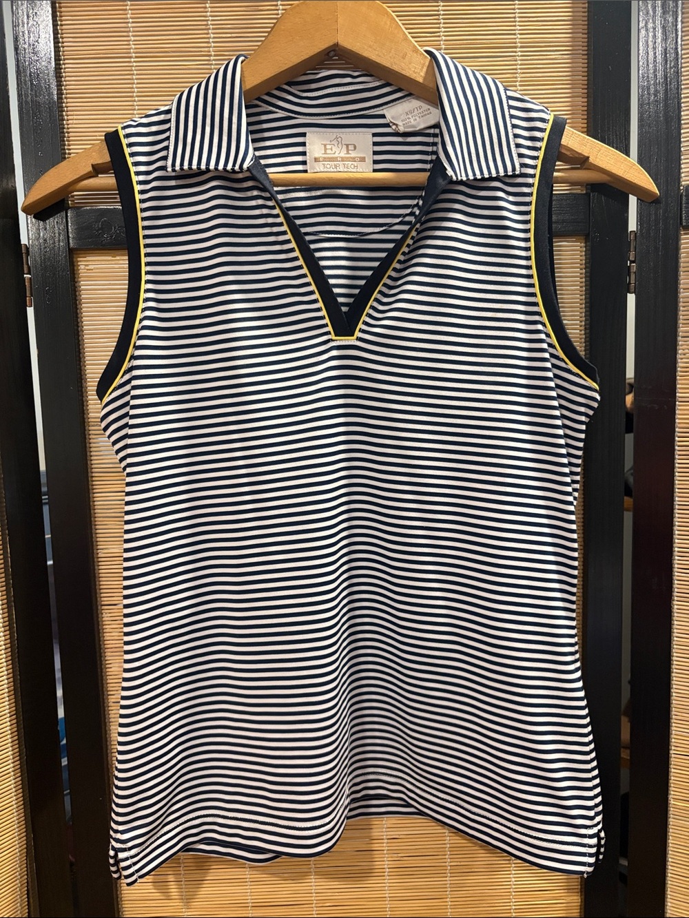 EP Pro Navy and White Striped Sleeveless Polo Tank with Yellow Trim
